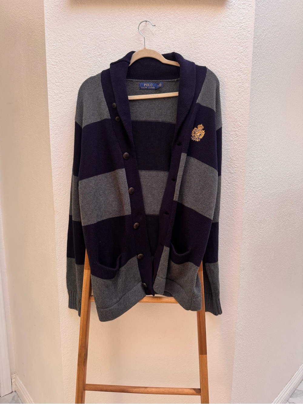 Polo Ralph Lauren Mens Navy Gray Striped Shawl-Collar Cardigan 100% Merino Wool - Picture 6 of 14
